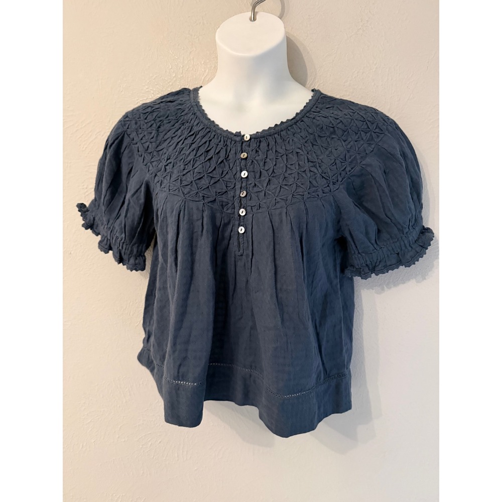 Sundance Smocked Embroidered Blouse Blue Short Sleeve Petite Medium PM